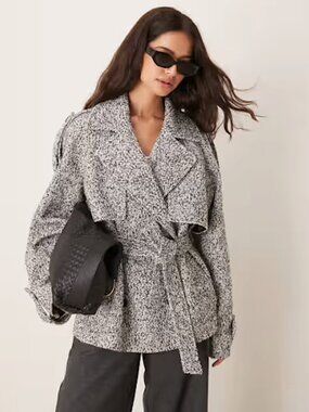 Brushed textured belted short formal trench/pea coat, structured shoulders